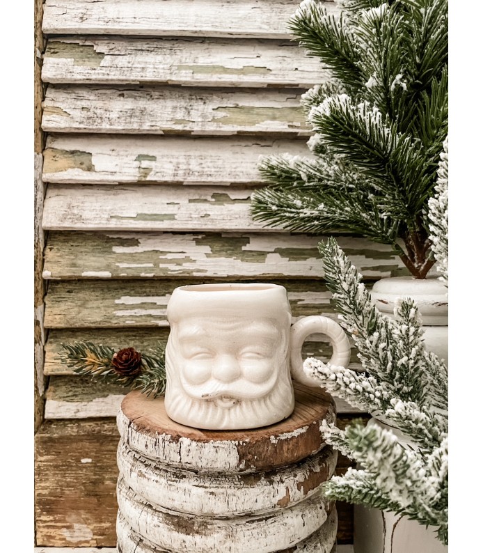 Vintage Rare White Santa Mug - O Handle, Beautiful staining on back - Holiday